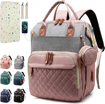 SHITIESHOU diaper bag backpack front view in quilted pink and grey