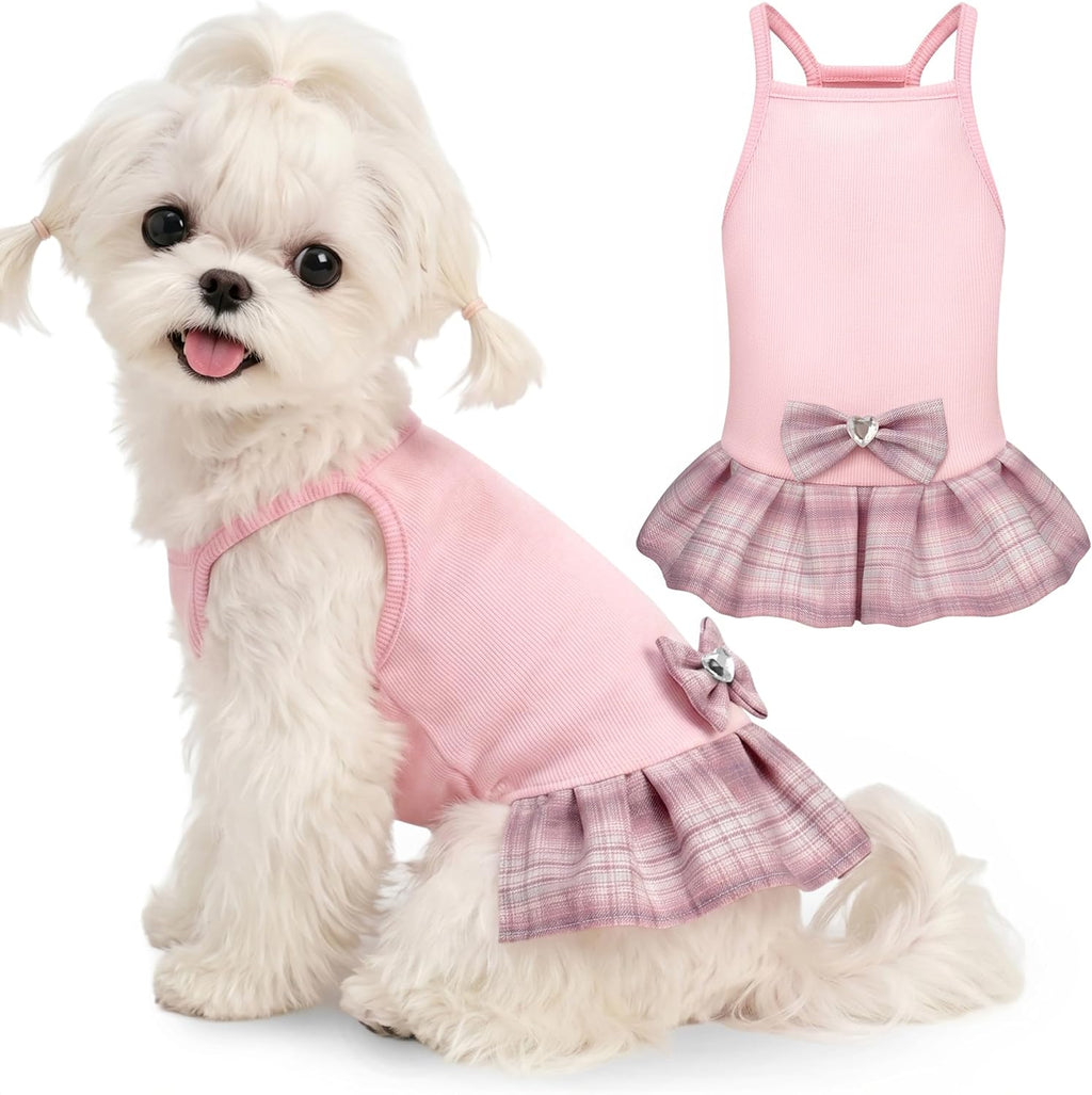 WOYYHO small dog princess dress front view pink plaid summer apparel