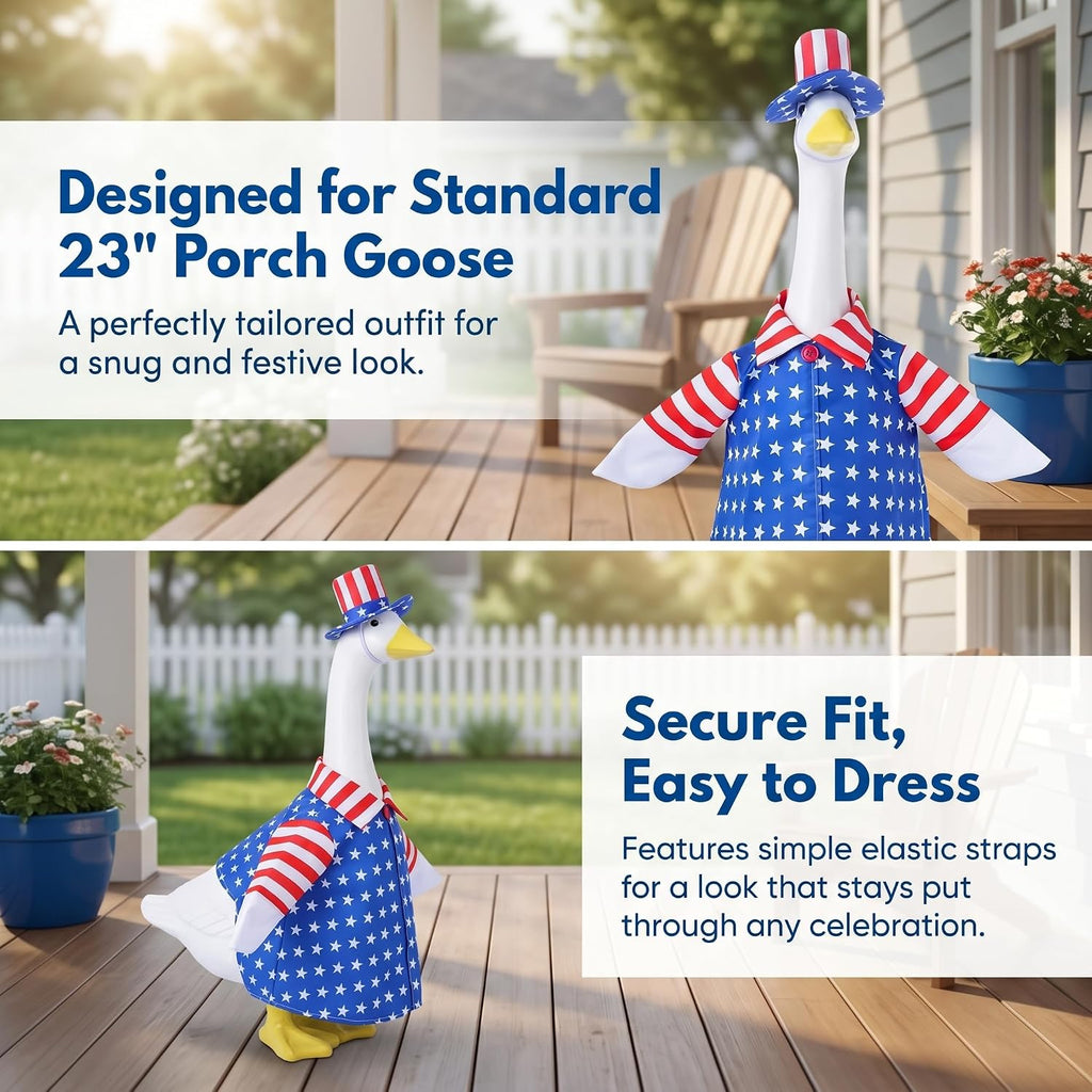 Patriotic lawn goose clothes with star-spangled top hat and glasses accessory details