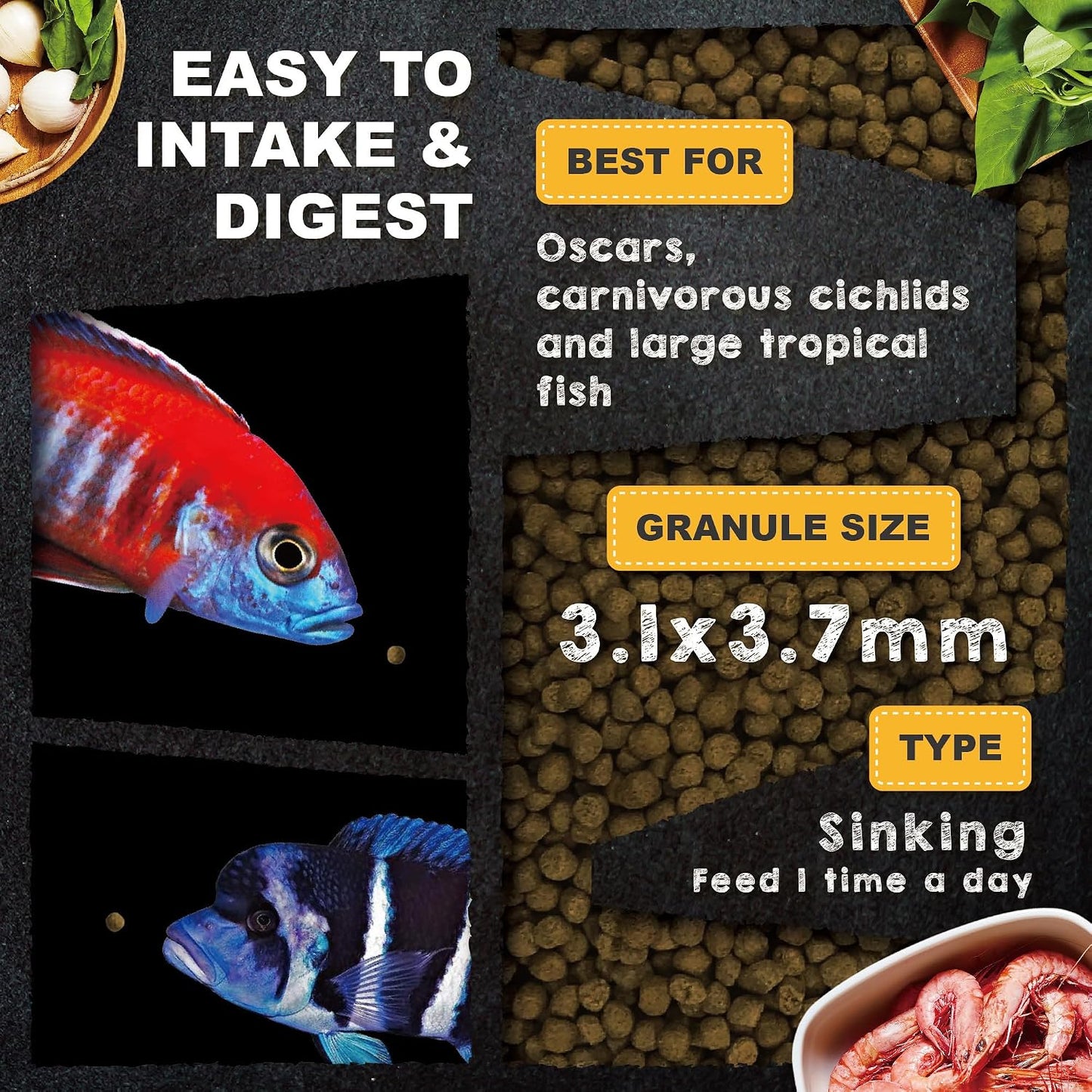 Premium carnivore fish pellets for South American cichlids close up view.