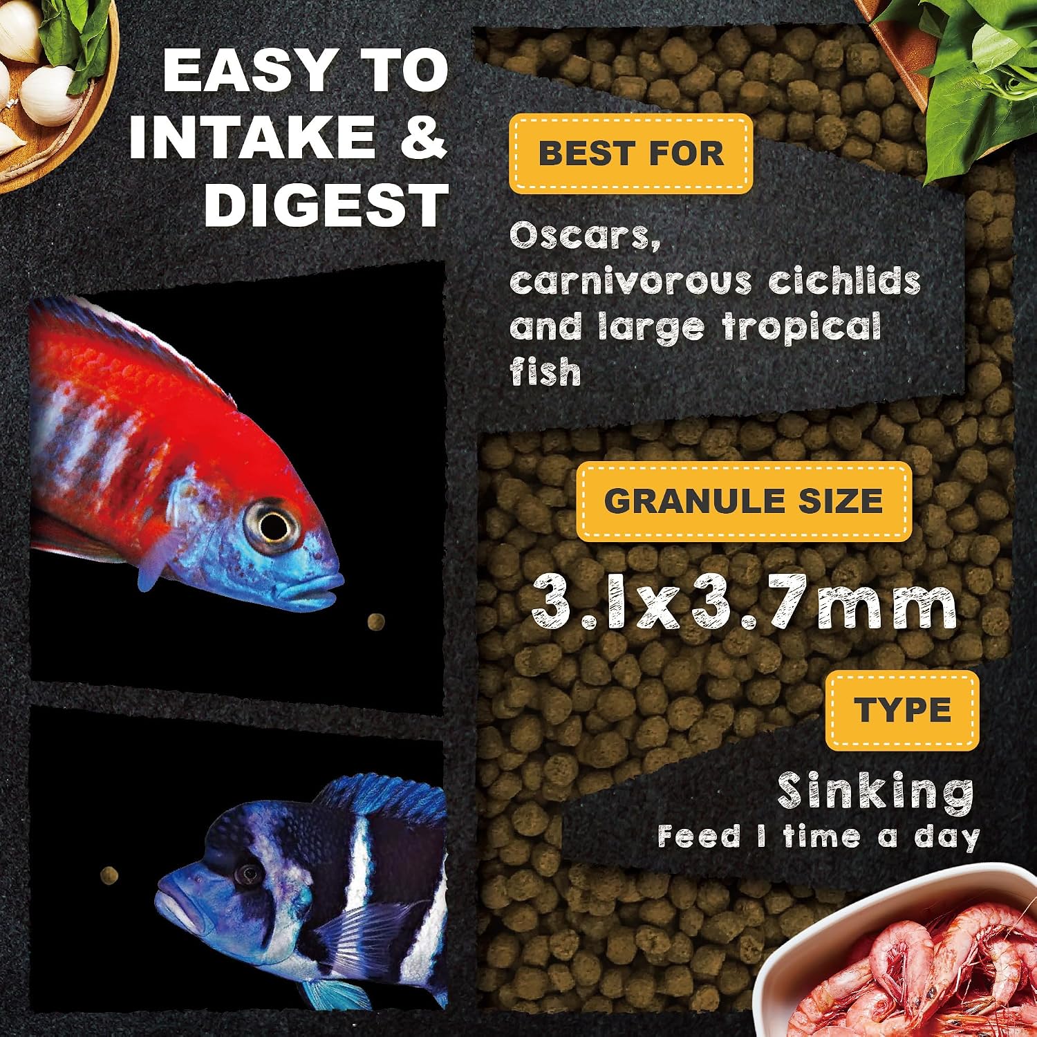 Premium carnivore fish pellets for South American cichlids close up view.