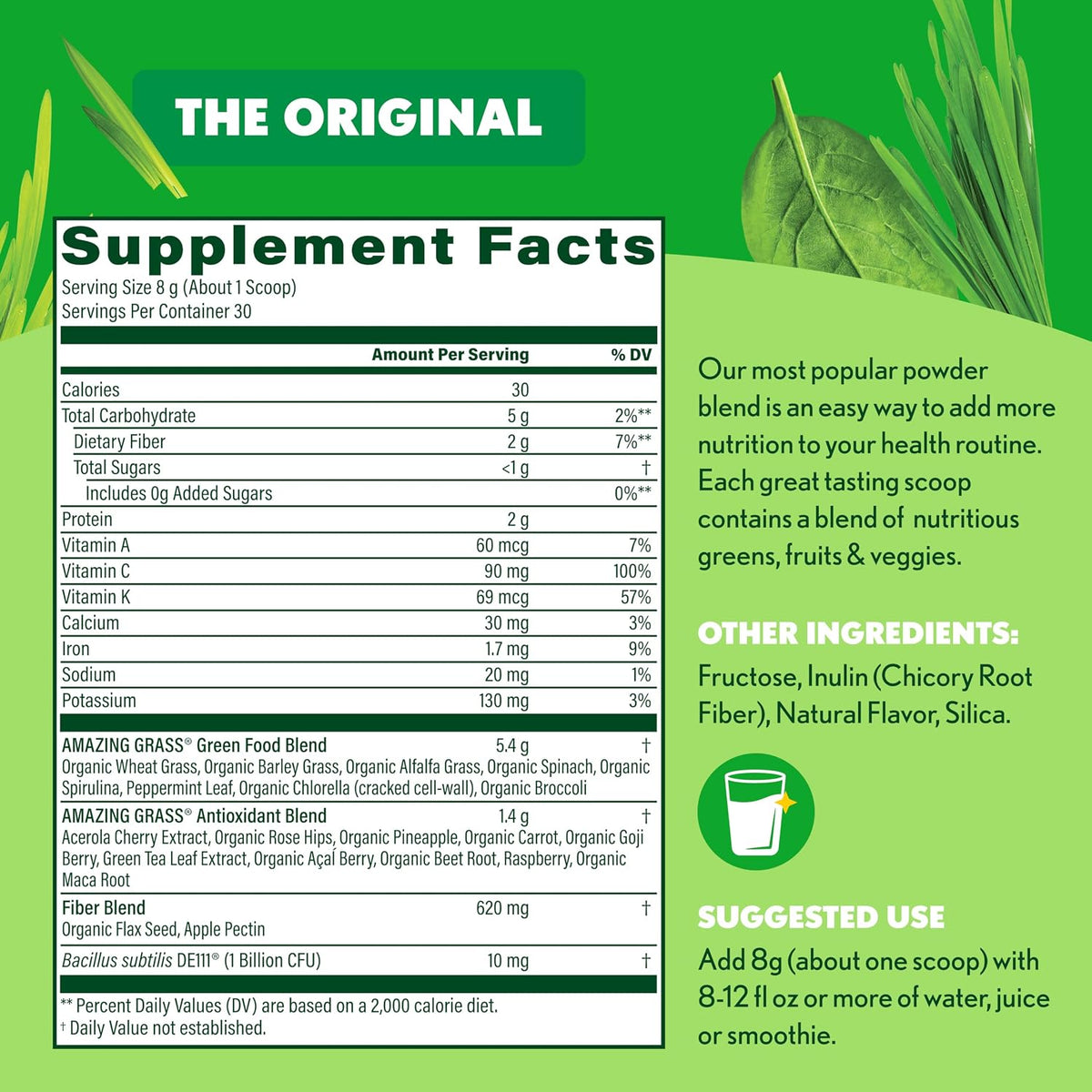 Amazing Grass Super Greens Powder Original scoop size and fine powder texture
