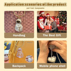 Pet hair memorial pendant attached to a set of keys showing its portable and lightweight size