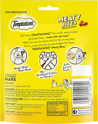 Temptations soft and savory chicken cat treats pouch display.