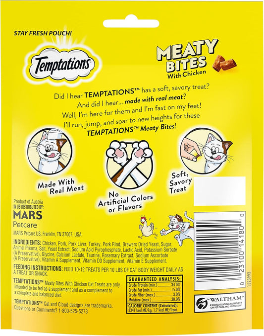 Temptations soft and savory chicken cat treats pouch display.