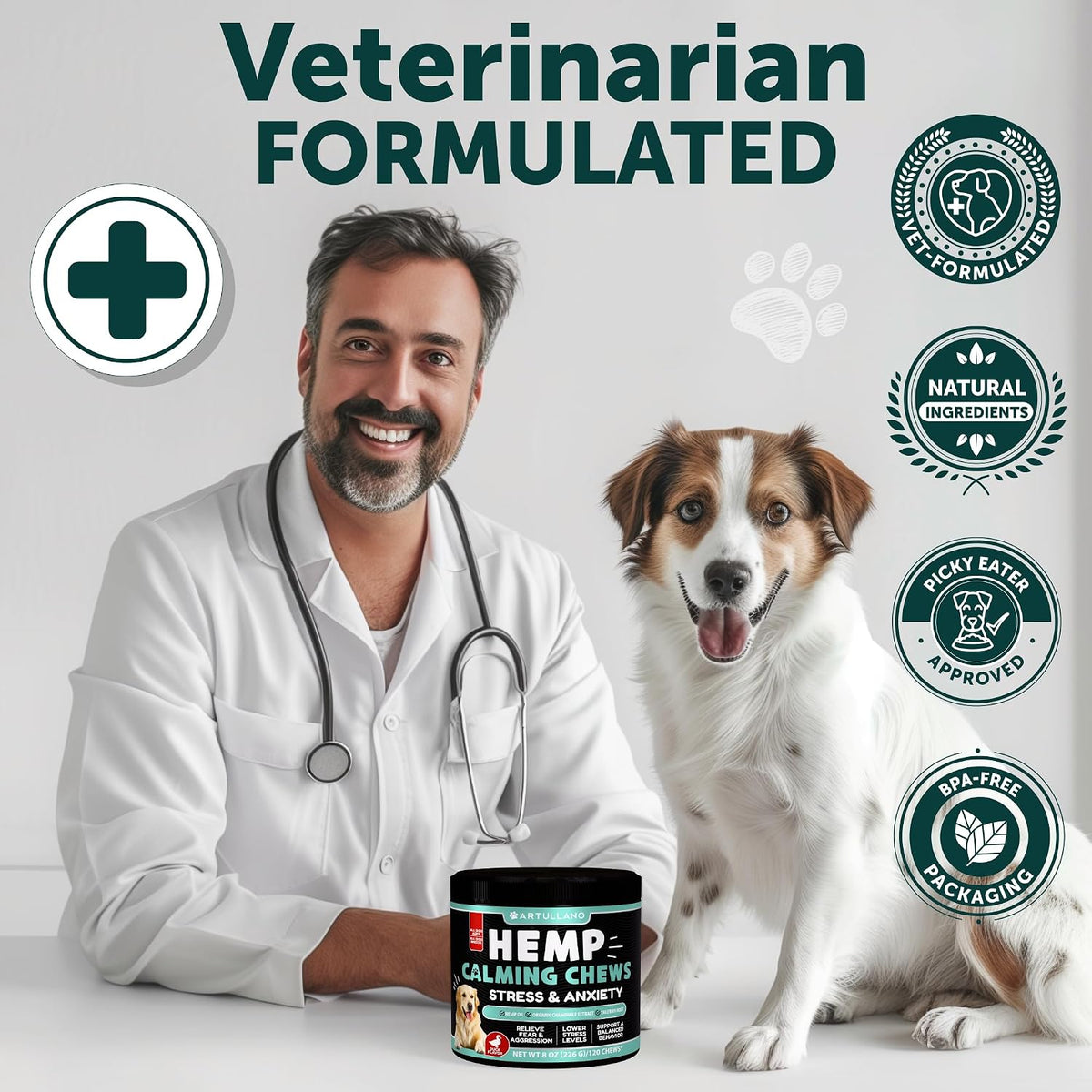 Dog eating Artullano calming supplement treats