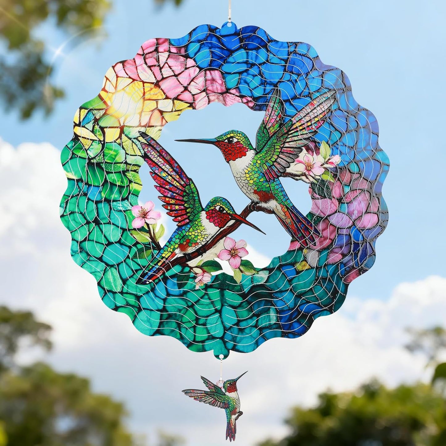 Hummingbird Wind Spinner for Easter Day Gift,Laser-Cut 12 Inch Stainless Steel Outdoor Garden Spring Decor, 3D Kinetic Window Hanging Sculpture Yard Art for Patio Women, Mom & Dad - Image 1