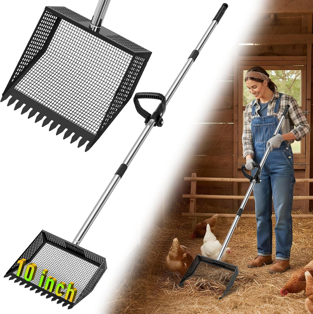 TOOGE Large Chicken Poop Scooper: 2-in-1 Metal Pooper Scooper & Rake Adjustable 62" Long Handle Stainless Steel Sand Sifting Litter Shovel Chicken Coop Scoop Cleaning Tool for Goat Yard Bright Green - Image 10