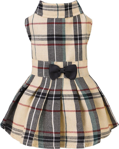 PUPTECK classic plaid dog dress front view featuring cream tartan design and black bowtie.