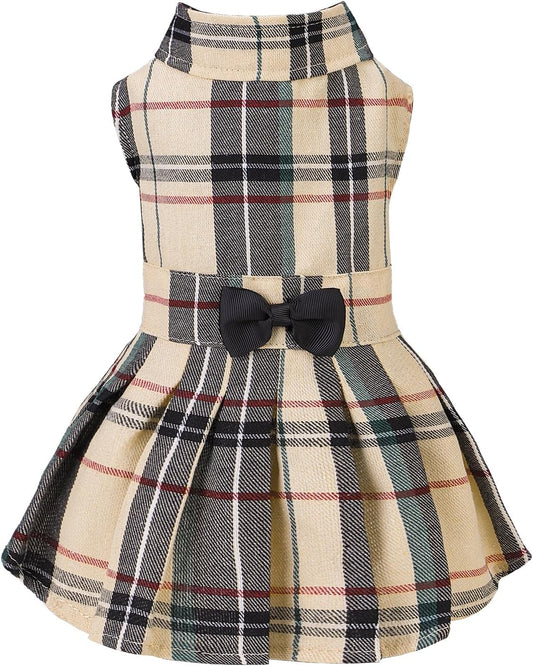 PUPTECK classic plaid dog dress front view featuring cream tartan design and black bowtie.