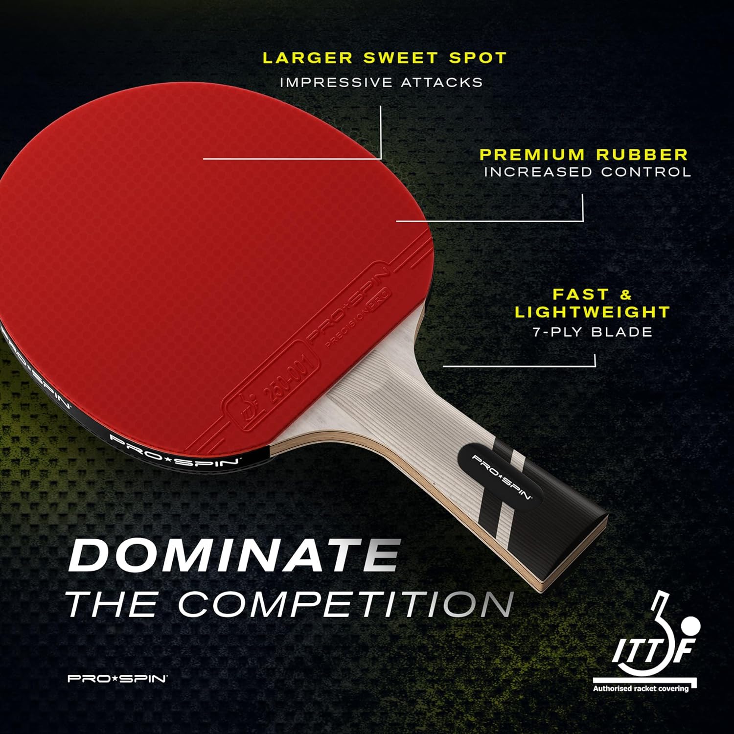 PRO-SPIN carbon fiber ping pong paddle showing the ergonomic concave handle with inner carbon tube.
