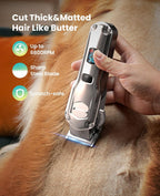 Oneisall professional pet clippers with interchangeable heads including paw trimmer and nail grinder attachments.