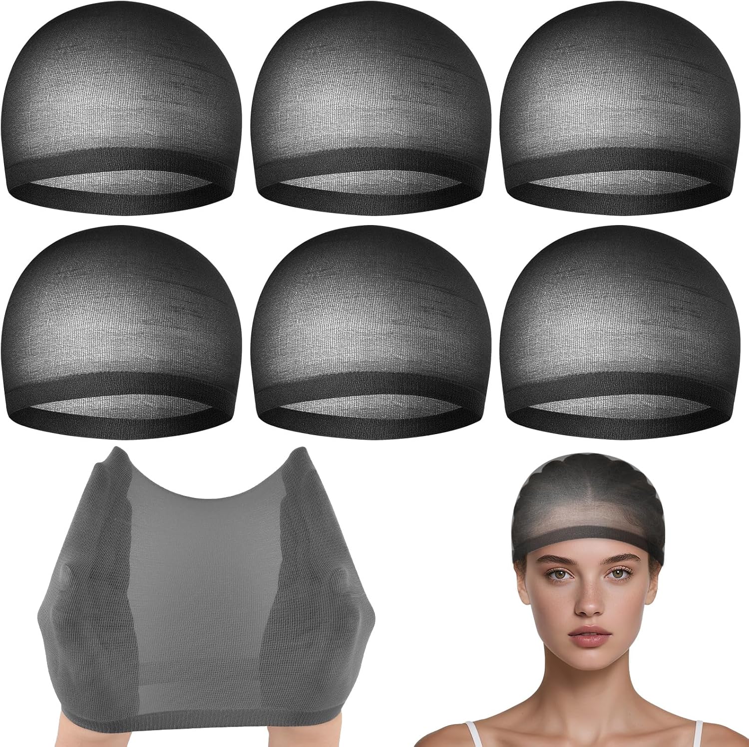Plulon 6 Piece Black Wig Cap set front view