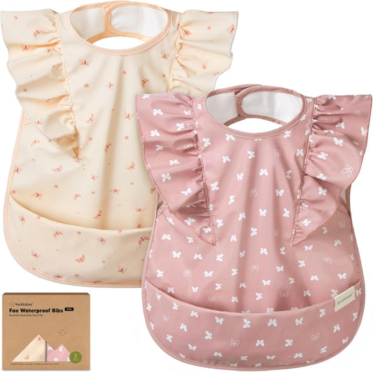 KeaBabies Fae waterproof baby feeding bibs front view in butterflies print pack of 2