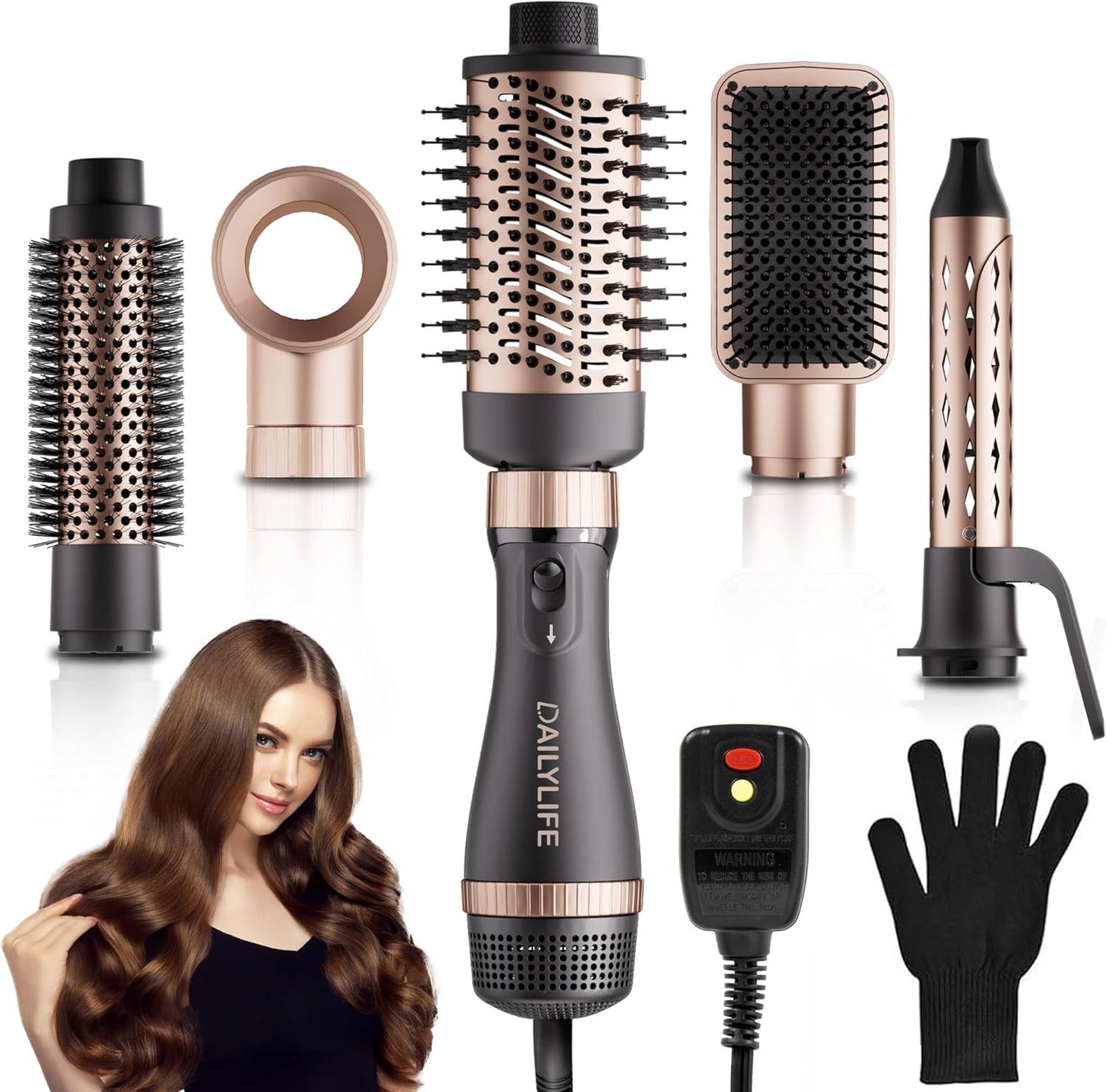 DAILYLIFE hair dryer brush set front view showing the gold styling wand and five interchangeable styling attachments