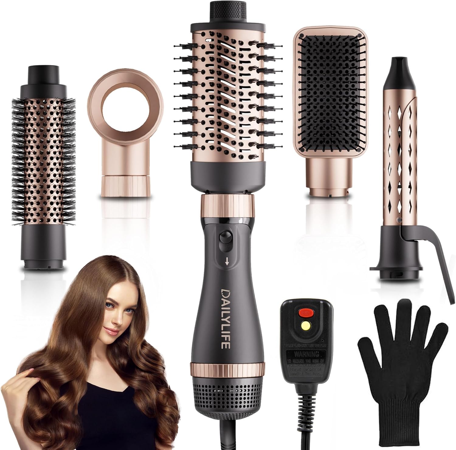 DAILYLIFE hair dryer brush set front view showing the gold styling wand and five interchangeable styling attachments