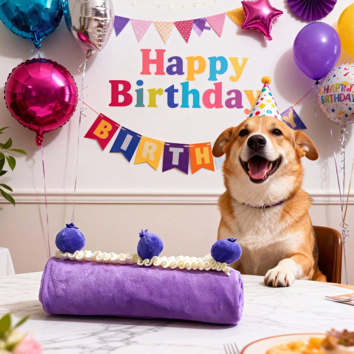 Blueberry roll cake dog toy for birthday enrichment