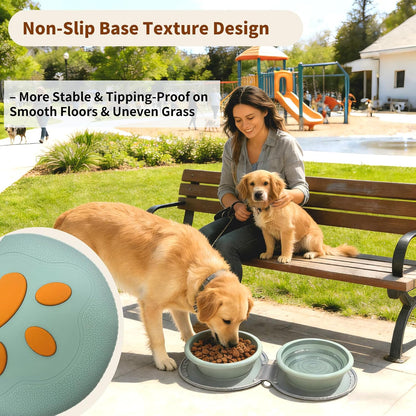 Non slip base of green double pet dish for travel and camping.