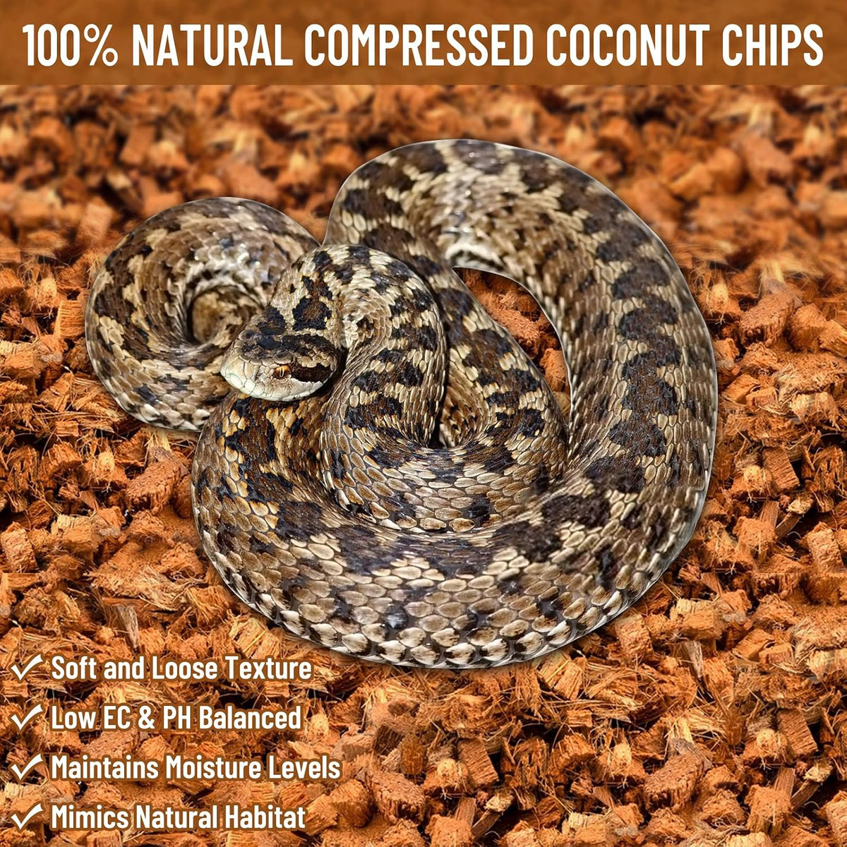 Compressed seventy-two quart coconut husk chips for reptile burrowing.