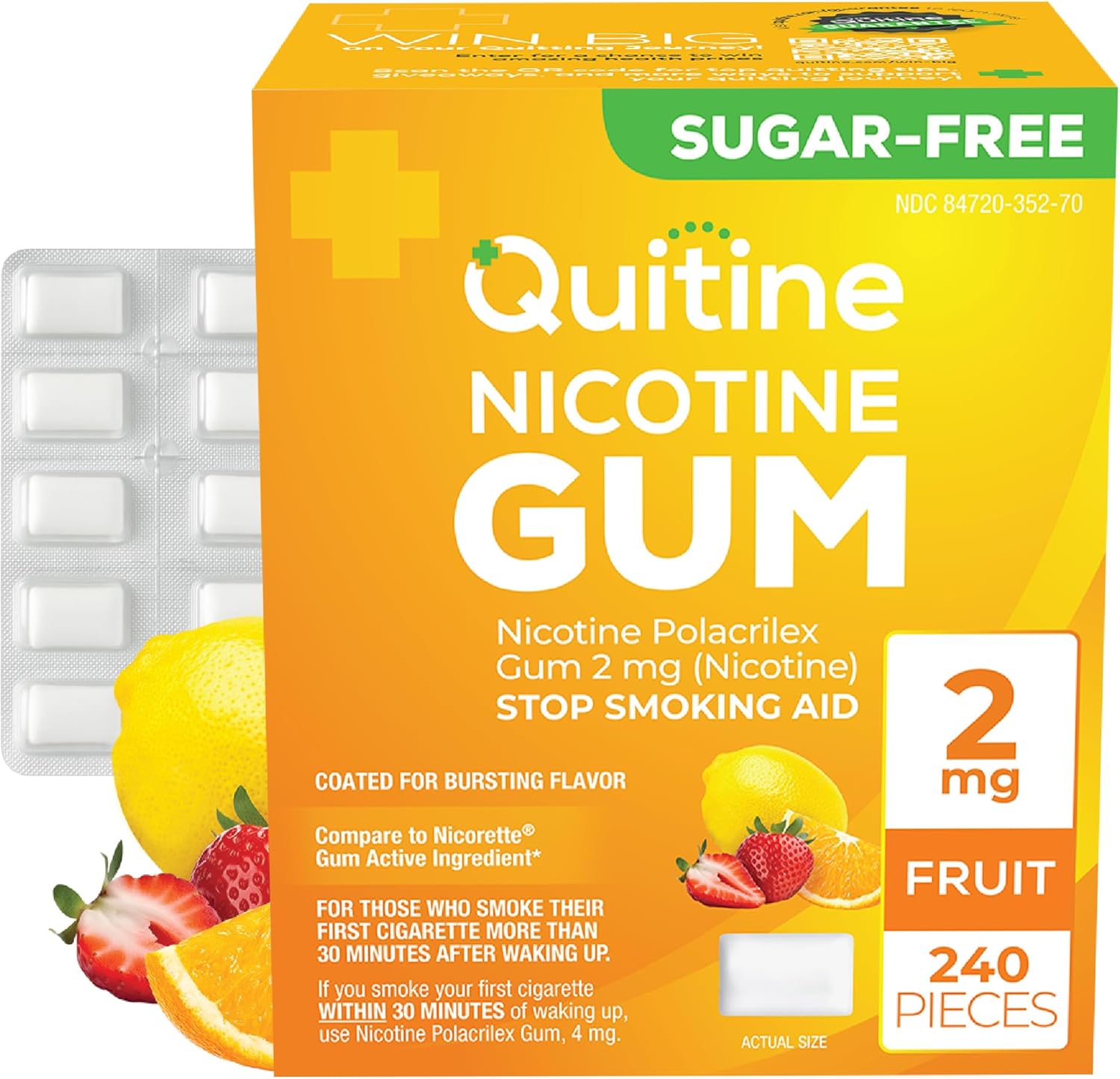 Quitine Nicotine Gum 2mg Fruit Flavor 240 count box front view showing product packaging and smoking cessation aid branding