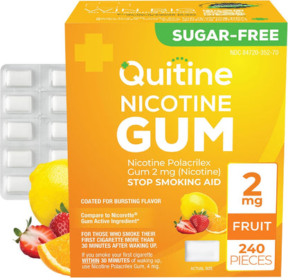 Quitine Nicotine Gum 2mg Fruit Flavor 240 count box front view showing product packaging and smoking cessation aid branding