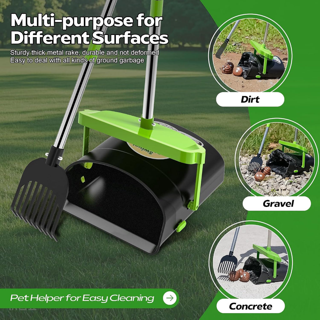 Close up of the stainless steel long handle on the heavy duty pet poop shovel