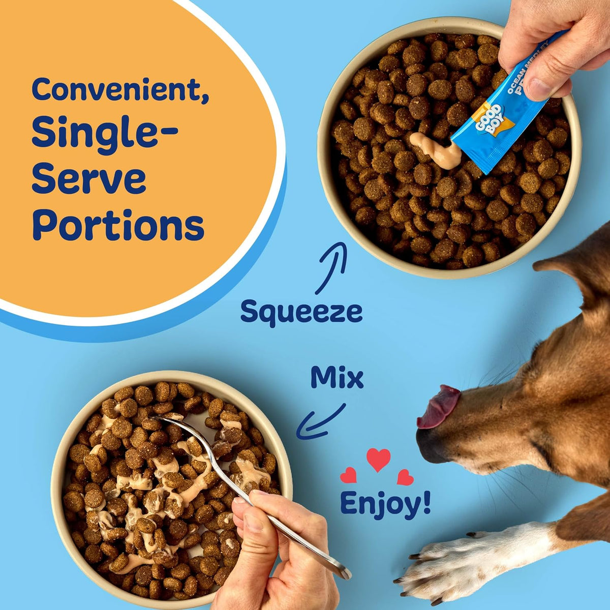 Low calorie grain free liquid puree dog treats showing ingredients list