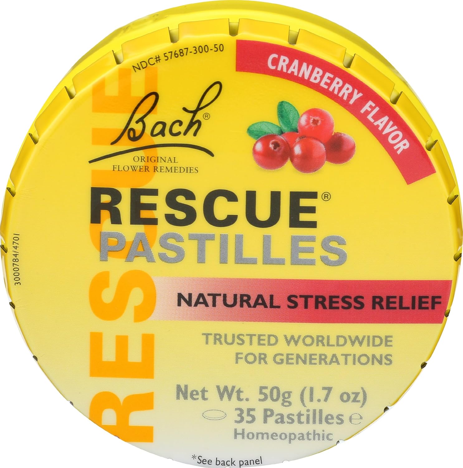 Bach Rescue Pastilles Cranberry 1.7 Ounce front view of tin.