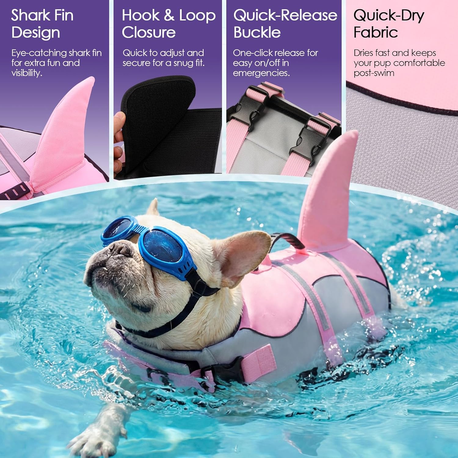 Reflective shark fin dog flotation vest side view