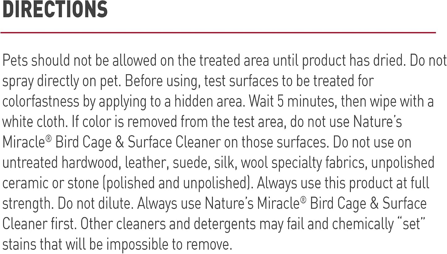 Nature's Miracle Bird Cage And Surface Cleaner twenty four fluid ounce bottle highlighting bioenzymatic stain action
