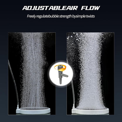 Ultra quiet fish tank bubbler connected to airline tubing close up view
