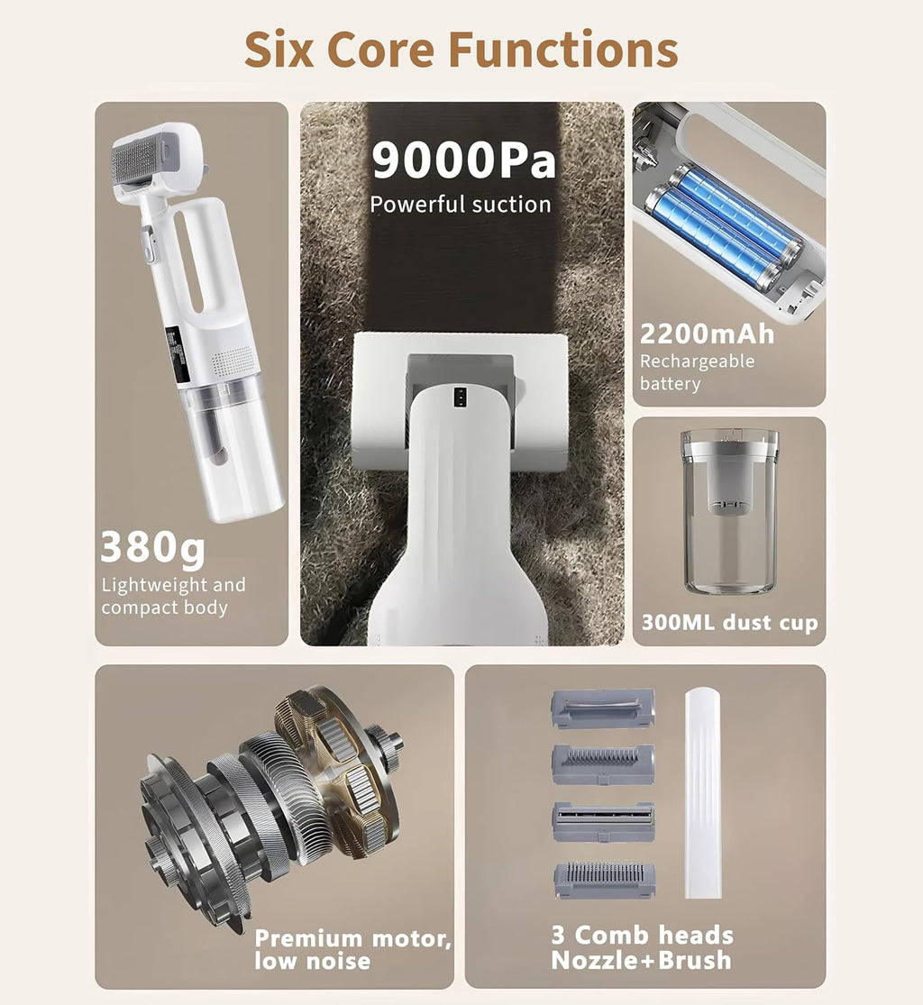 Rechargeable pet vacuum grooming kit package components laid out.