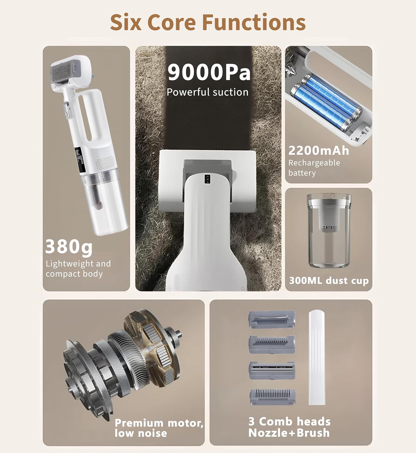 Rechargeable pet vacuum grooming kit package components laid out.