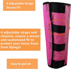 Side view of a horse wearing ventilated equine fly boots in a pasture setting for insect protection