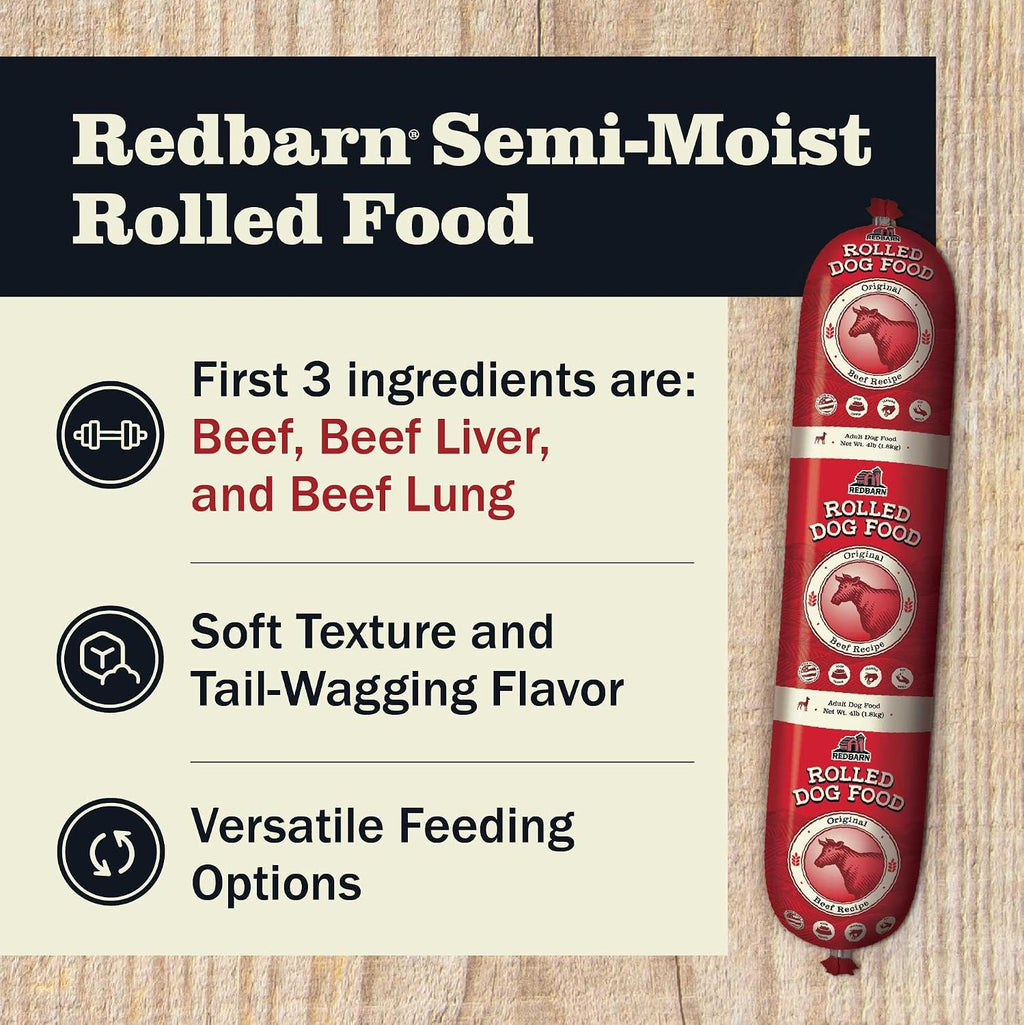 Redbarn beef recipe dog food roll packaging
