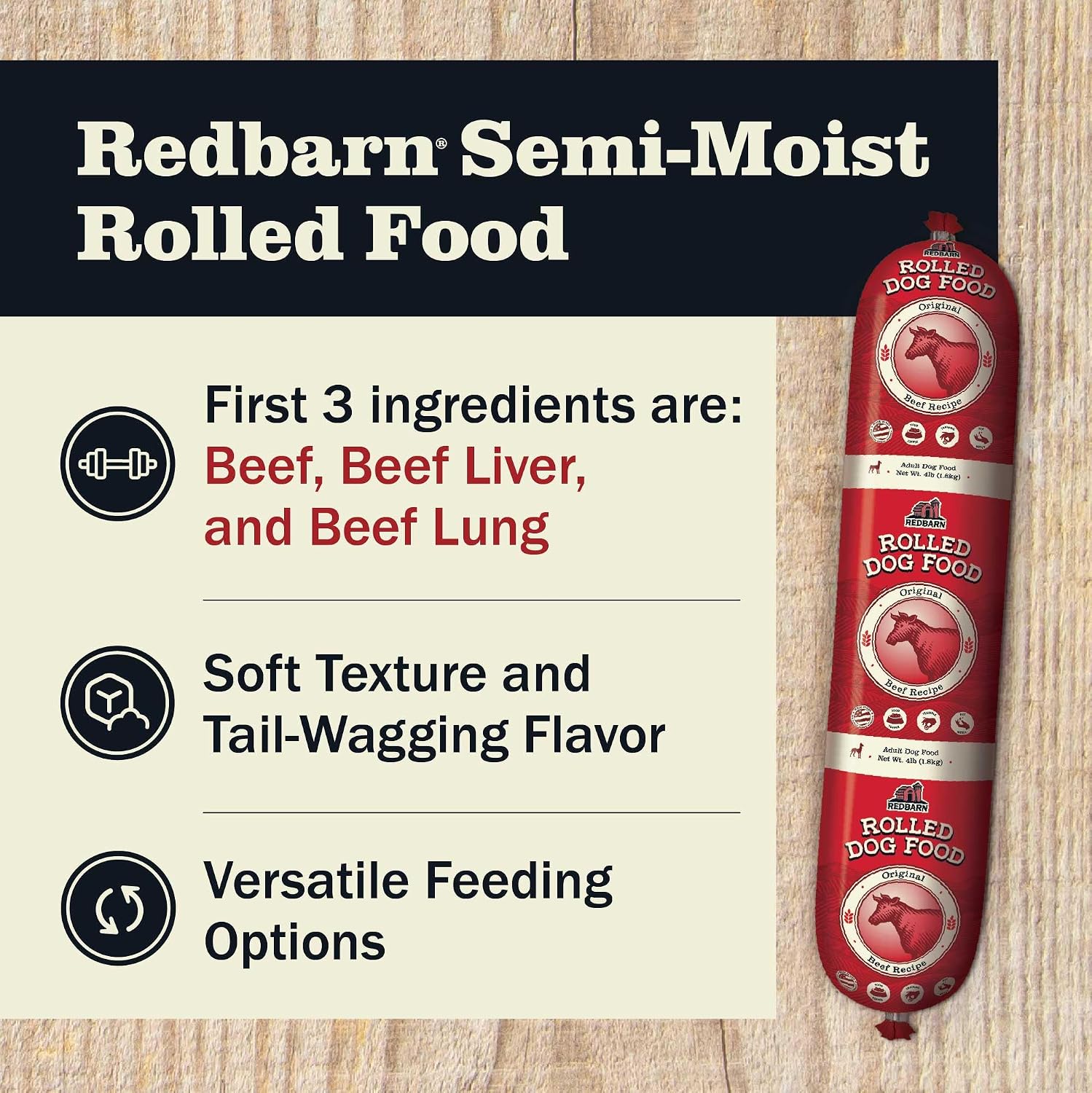 Redbarn beef recipe dog food roll packaging