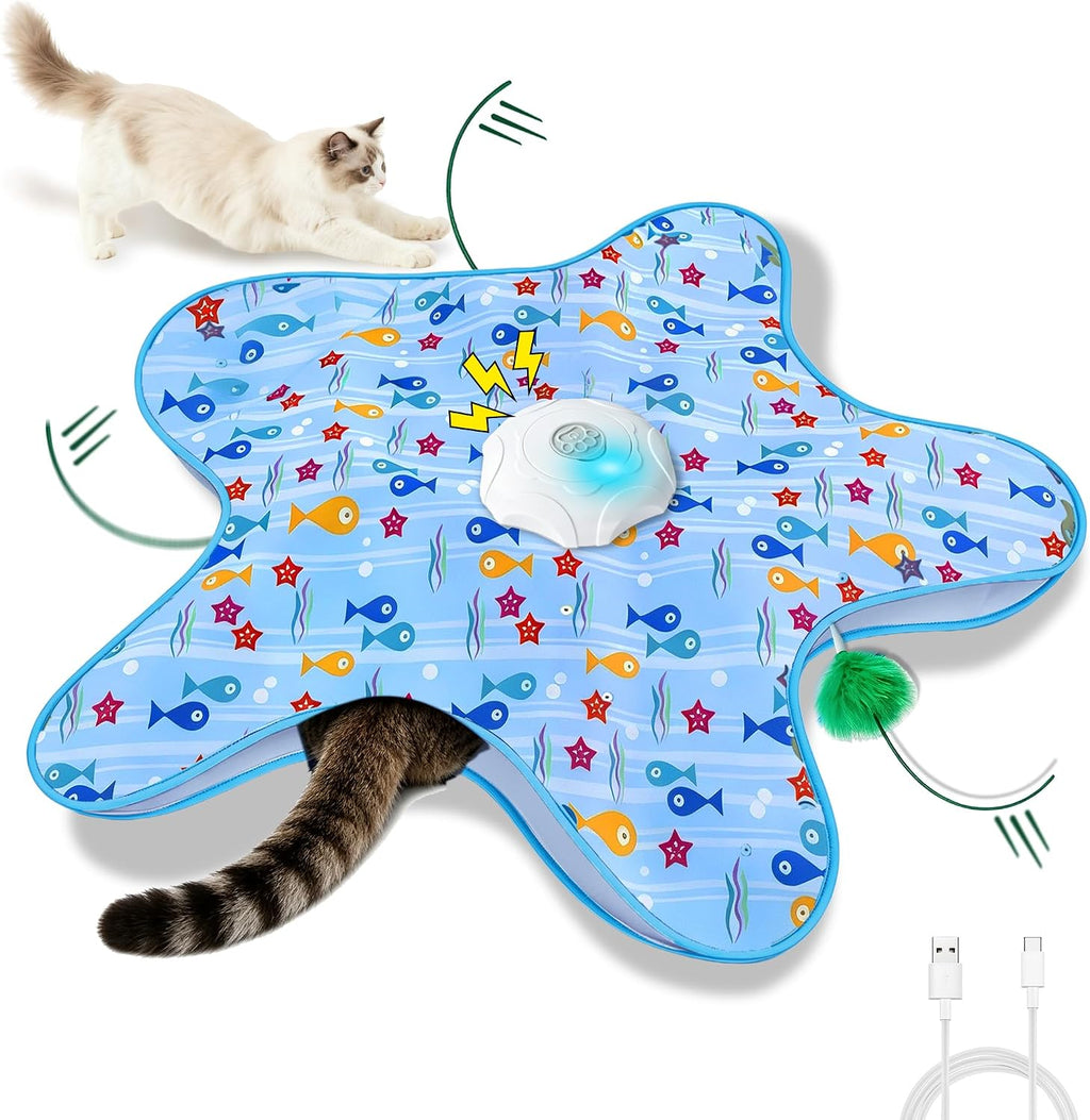 Orhomelife automatic hide and seek cat toy with replacement feather accessories displayed.