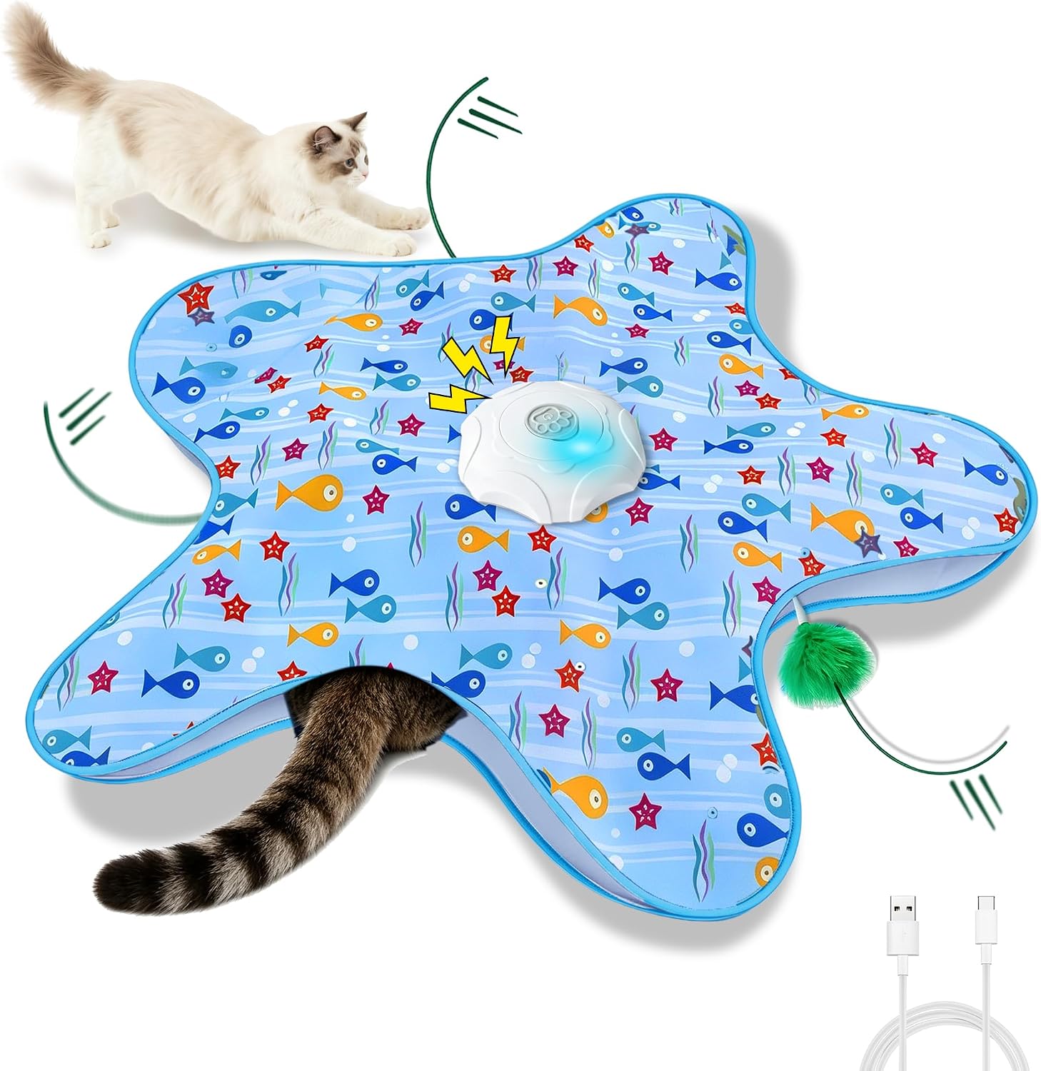 Orhomelife automatic hide and seek cat toy with replacement feather accessories displayed.