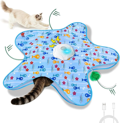 Orhomelife automatic hide and seek cat toy with replacement feather accessories displayed.