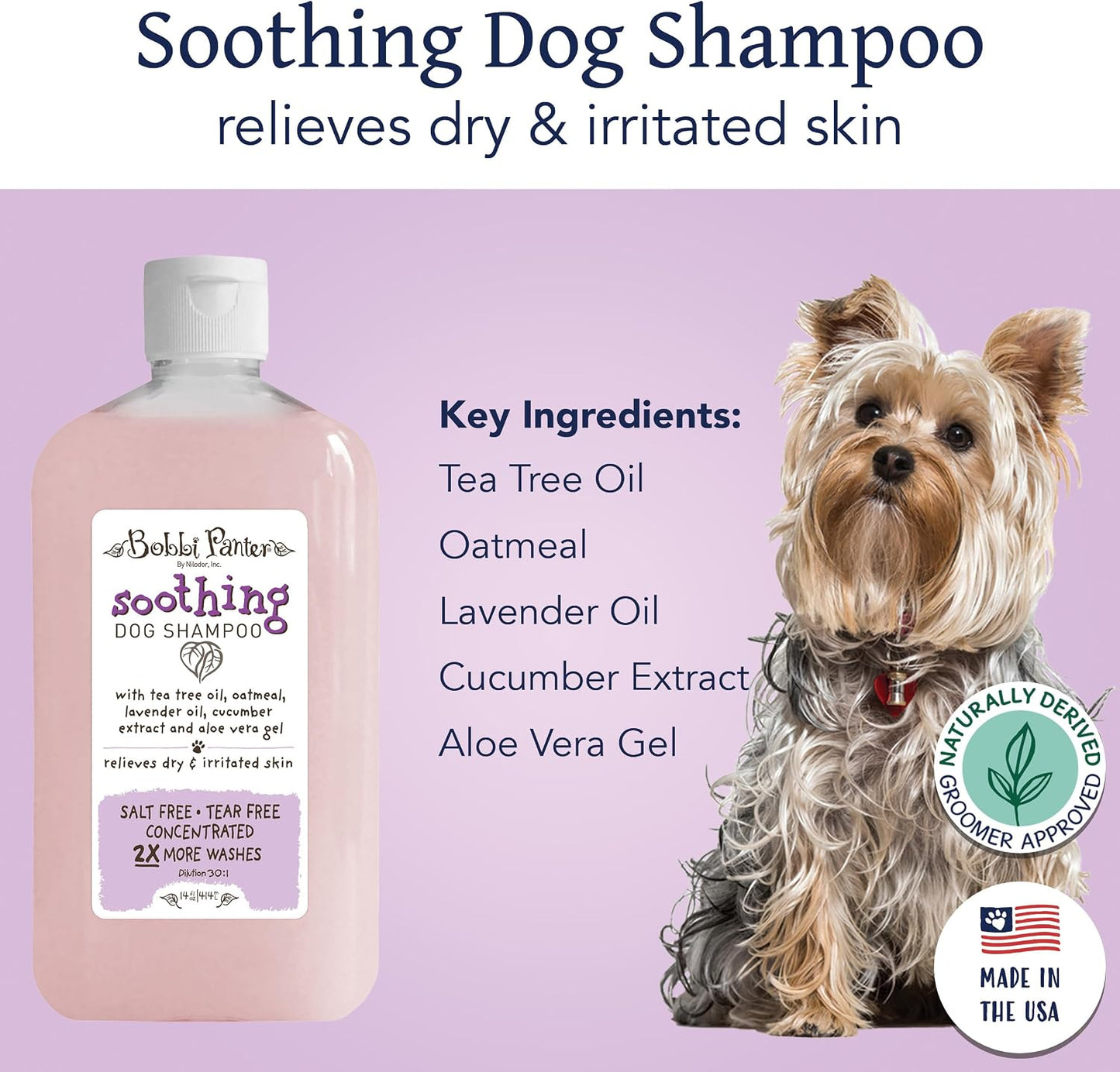 Back label of Bobbi Panter Soothing Dog Shampoo with usage instructions