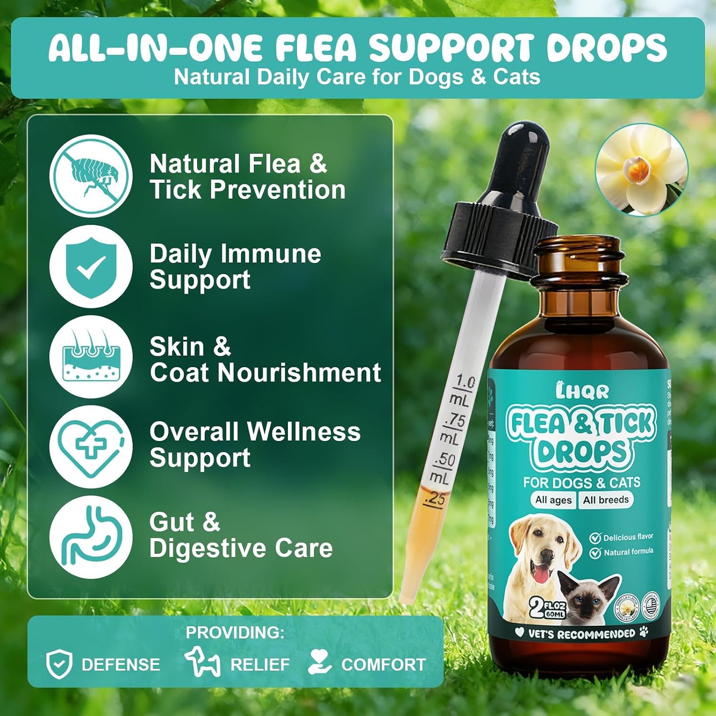 Safe dietary flea defense formula for all dog and cat breeds close up