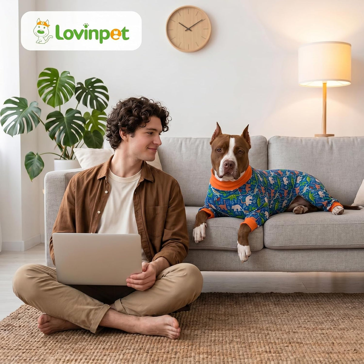 LovinPet premium imported pet pajamas for large dogs on a bed