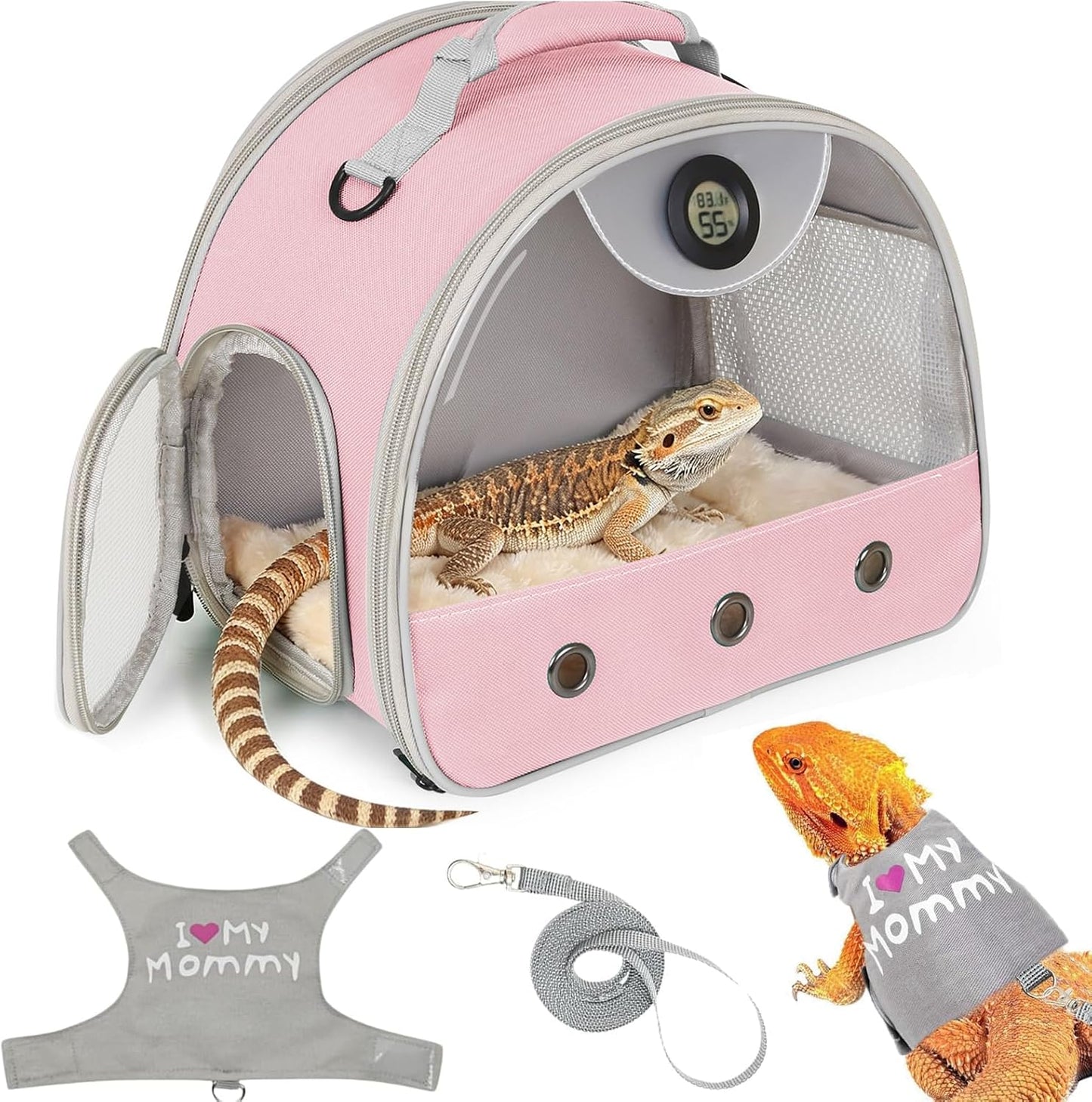 Bearded Dragon Travel Backpack Carrier with Reptile Thermometer and Humidity Gauge Lizard Travel Cage Space Capsule Clear Bubble Window Astronaut Reptile Bag for Ball Python (Pink, Carrier) - Image 13