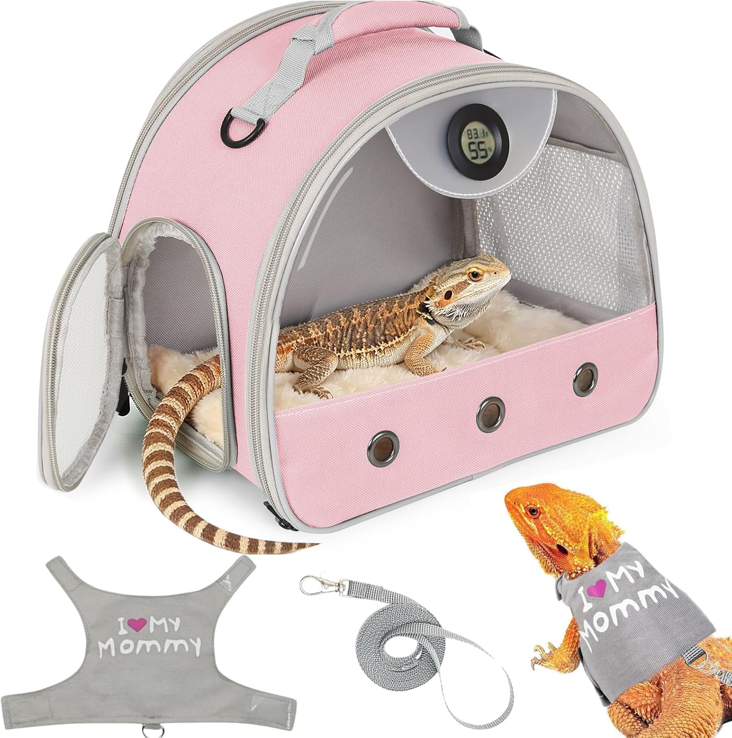 Bearded Dragon Travel Backpack Carrier with Reptile Thermometer and Humidity Gauge Lizard Travel Cage Space Capsule Clear Bubble Window Astronaut Reptile Bag for Ball Python (Pink, Carrier) - Image 13
