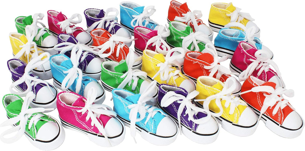 Group of assorted colored mini sneaker toys for bird cage enrichment