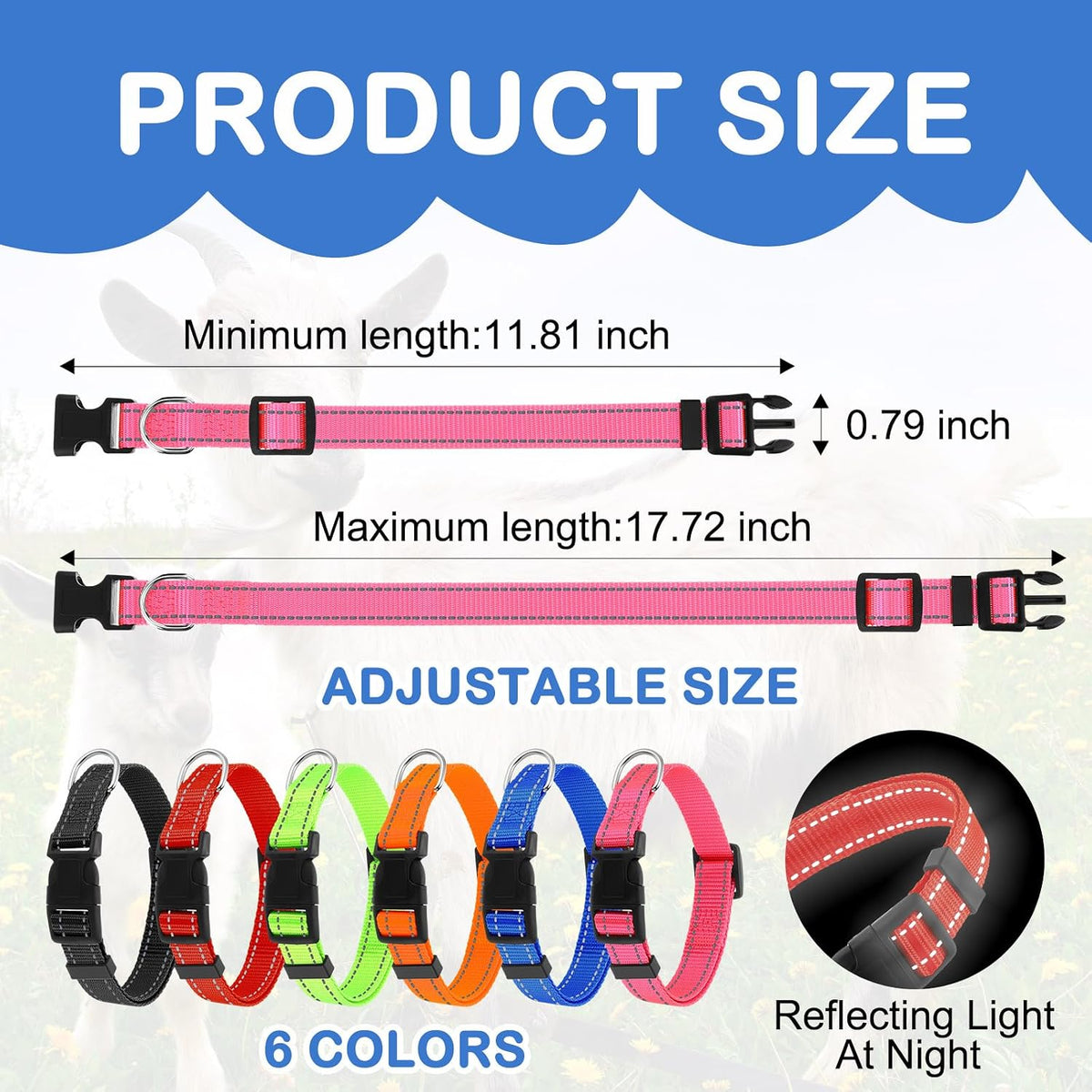 Close-up of the adjustable nylon sheep collar highlighting the integrated reflective safety strip and quick-release buckle.