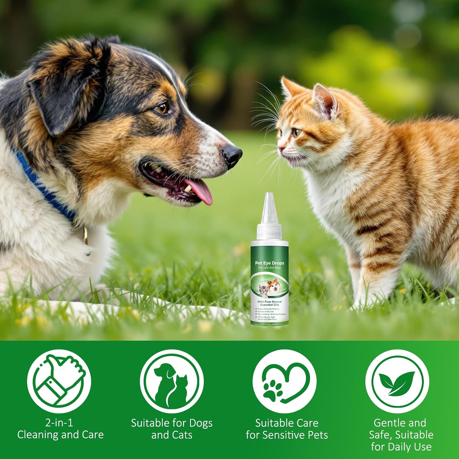 VOSIFSDIY essential oil pet eye cleanser side view showing benefits.