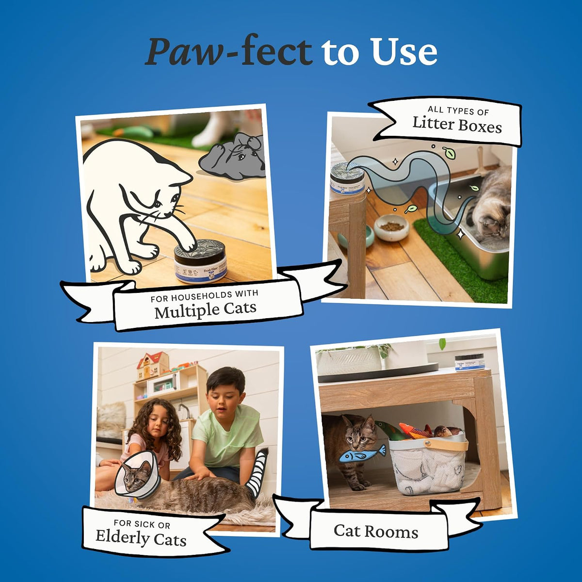 Fresh Wave kitty litter deodorizer gel jar placed near a cat litter box.