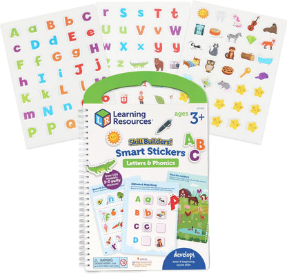 Learning Resources Skill Builders Smart Stickers Letters and Phonics activity book front view showcasing colorful alphabet cover.