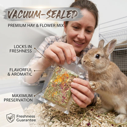 Crispy baked bunny treats with herbal flower petals scattered for guinea pigs and hamsters.